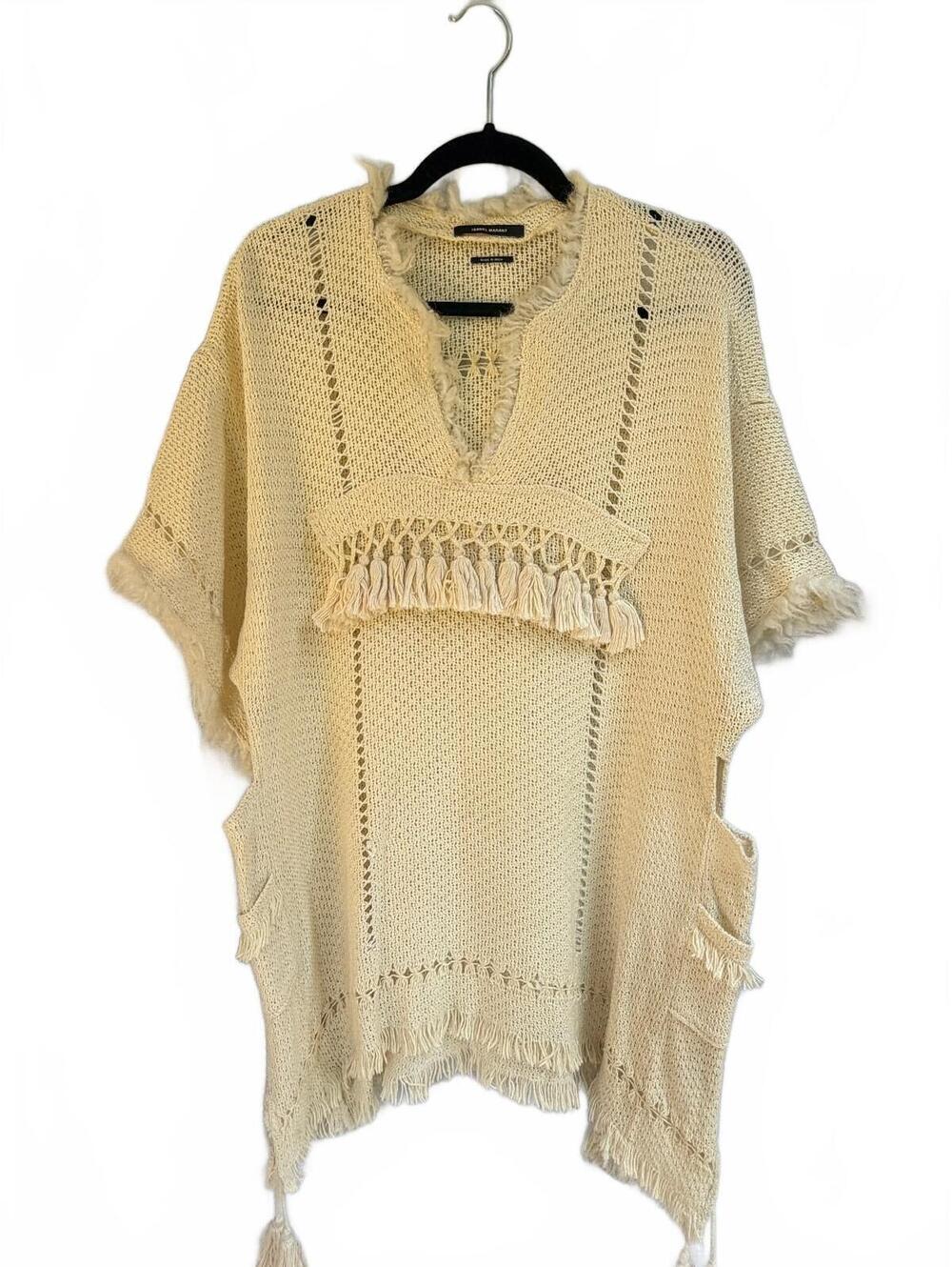 Isabel Marant Ivory Crochet Fringe Poncho Top